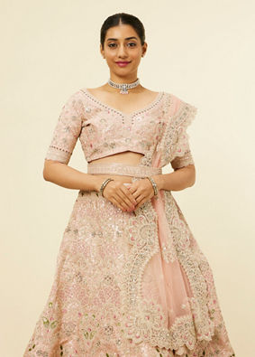 alt message - Mohey Women Golden Pink Sitara Embroidered Lehenga with Peacock Motifs image number 1
